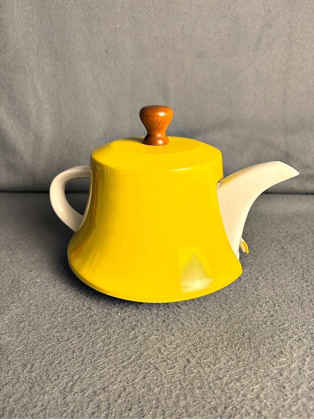 Vintage MCM Yellow And White Ceramic Teapot with Insulated Metal Cozy Cover